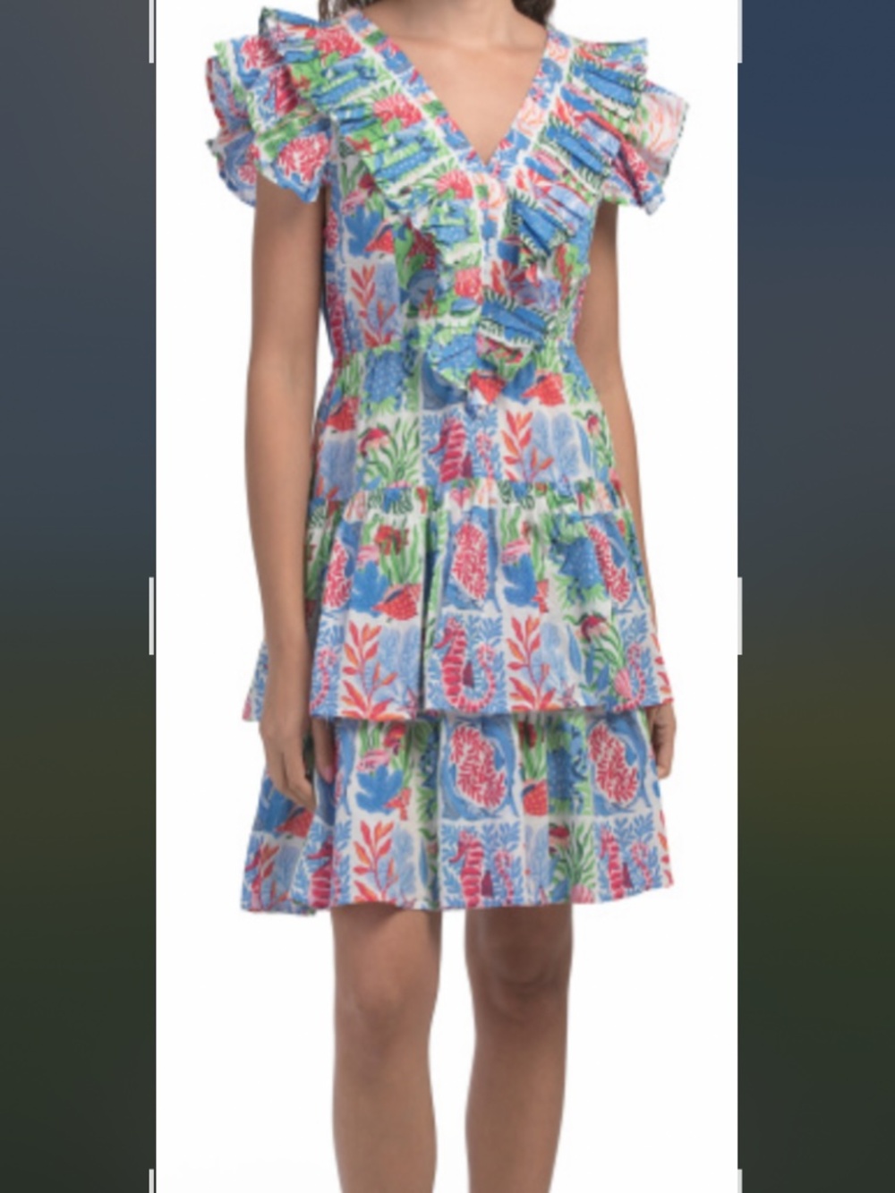 Printfresh ruffle v neck minidress stained glass